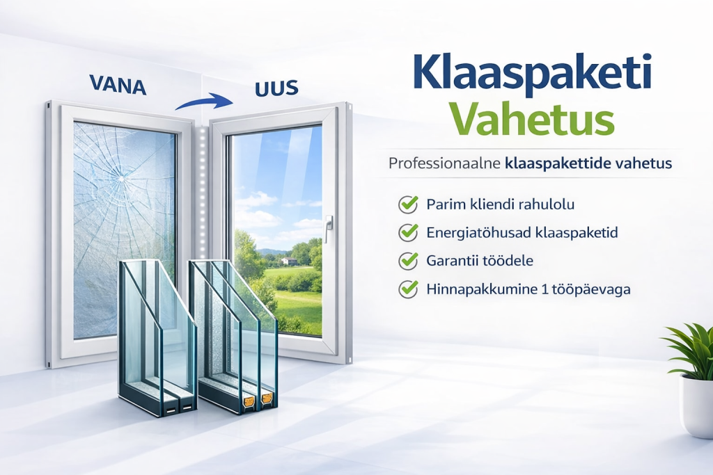 Klaaspaketi vahetuse hind sõltub akna tüübist, suurusest, asukohast. Täpsema klaaspaketi vahetus võtab aega umbes 1 tund.