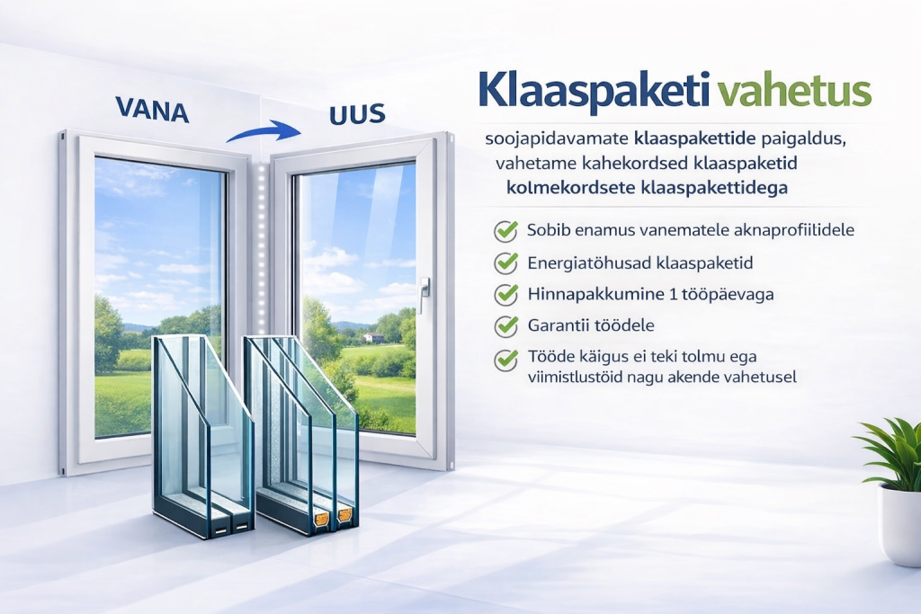 Klaaspaketi vahetamine soojapidavamate kolmekordsete vastu. Sobib igat tüüpi akendele.
